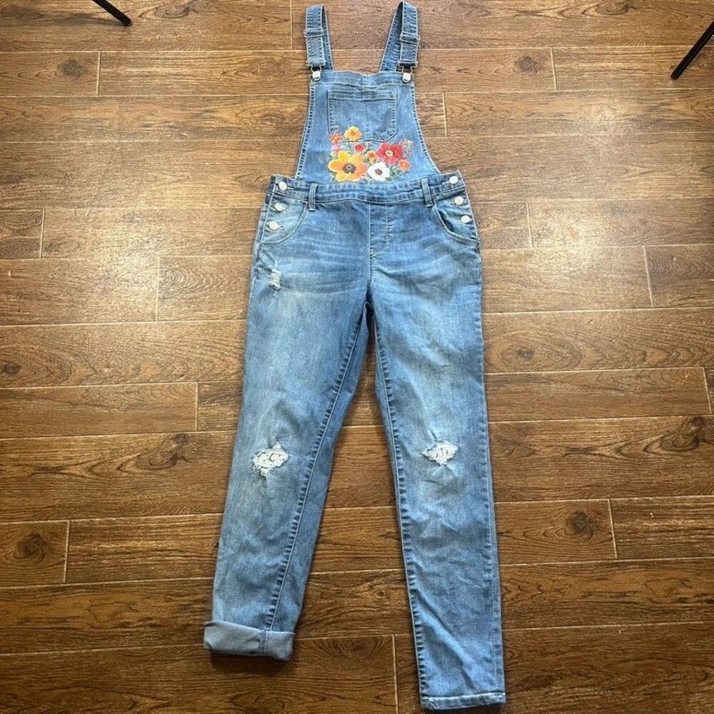 Prairie Floral Denim Overall Jumpsuit 16 Youth Pockets Adjustable Straps Cottage